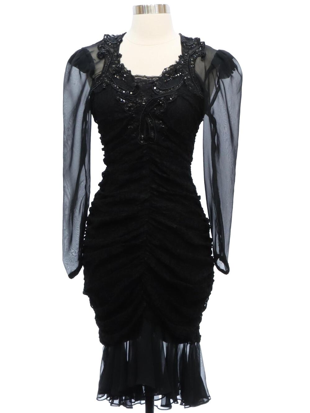 Vintage Y2K Dave & Johnny Black Lace Beaded Ruched Sheer Sleeve Dress Size 5/6